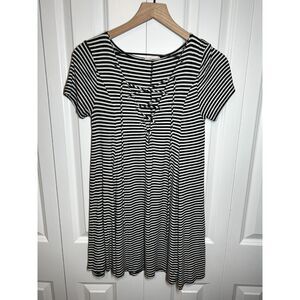Maronie Black White Striped Lace Up V Neck Ribbed T-Shirt Mini Dress Size S